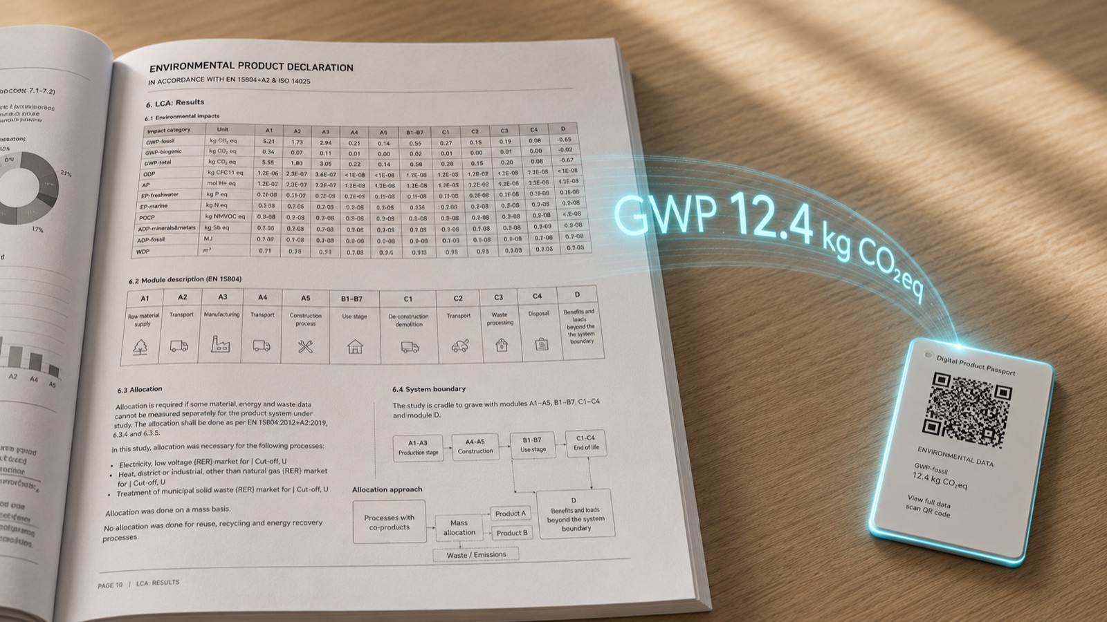 An EPD document full of detailed tables being compressed into a single GWP number on a digital product passport